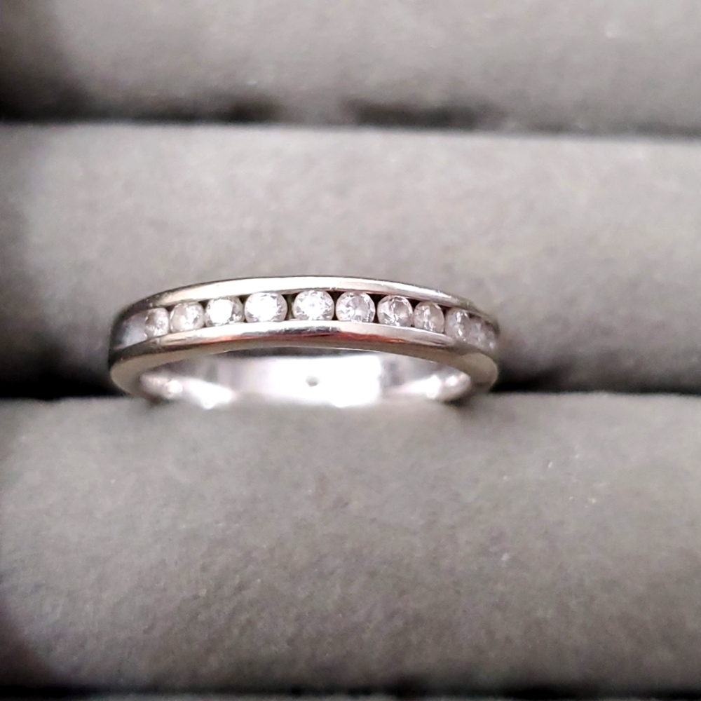 Solid 14k white gold diamond half eternity ring / wedding band.